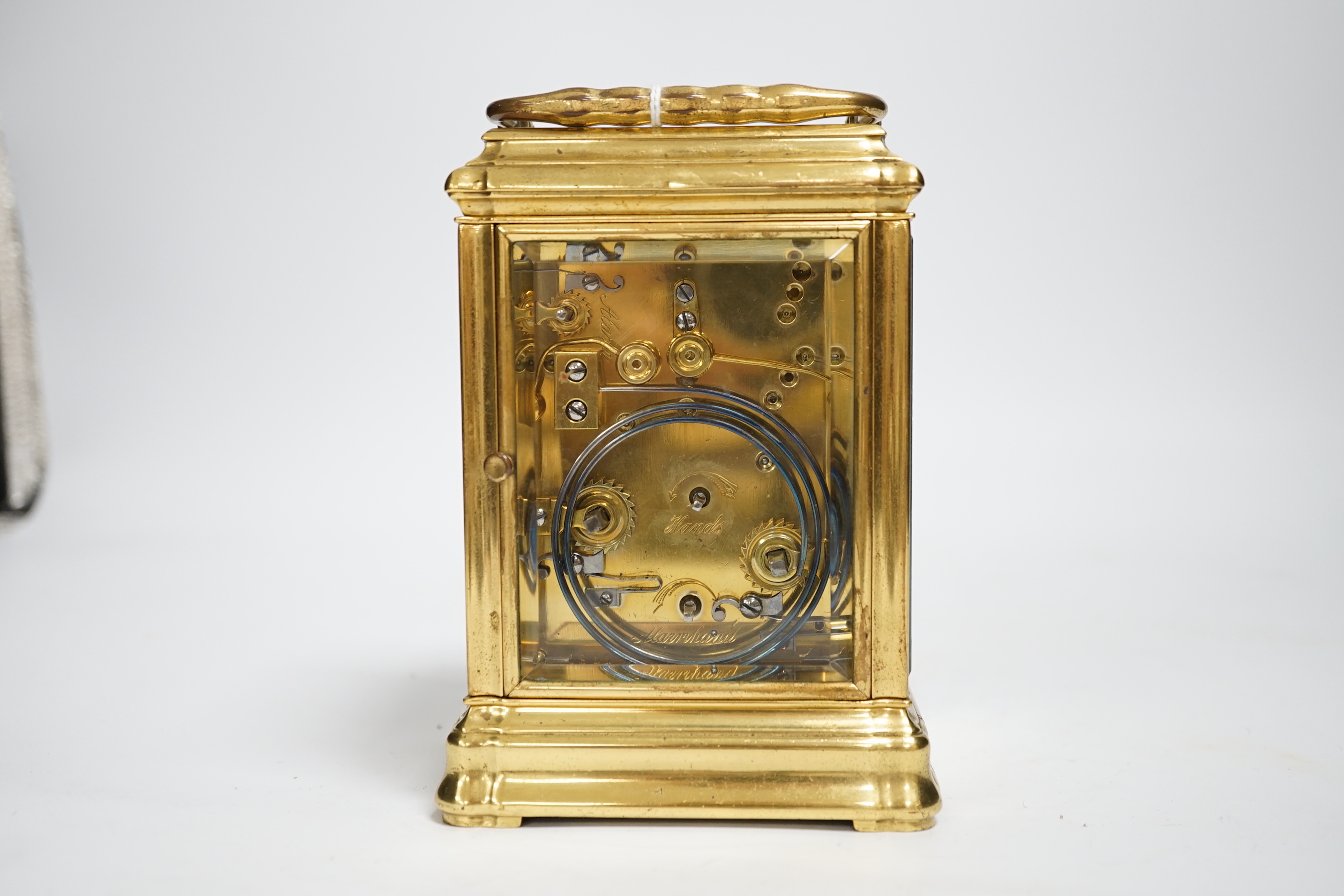 A French hour repeating brass gorge cased carriage clock with alarm, 15cm